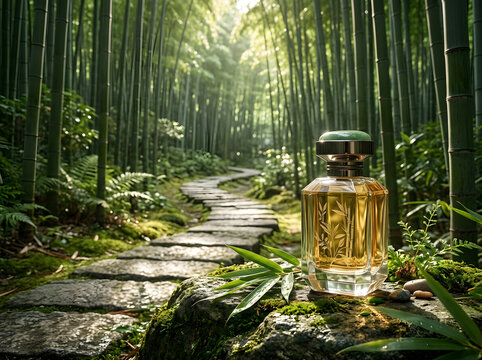 Luxury perfume bottle on stone path through bamboo forest garden in North America park.