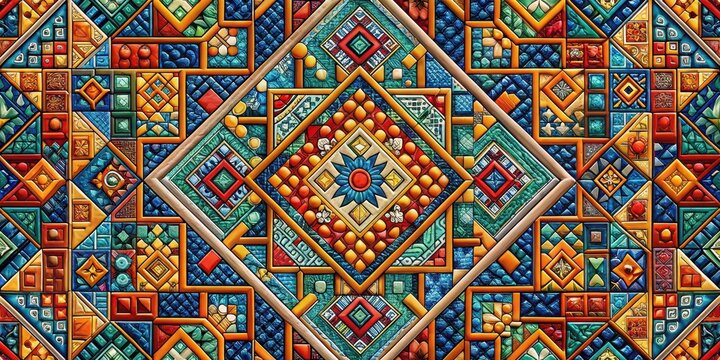 Vibrant geometric pattern of interlocking tiles inspired by ancient Mesoamerican architecture , Ancient, Culture,  Ancient