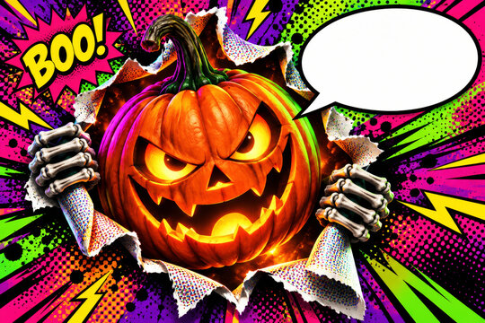 Jack O Lantern Bursting Through Torn Comic Page with Blank Speech Bubble