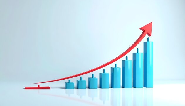 Blue vertical bars increase in height beneath a sweeping red arrow, creating a clean visual concept for business growth, sales improvement, financial success, and upward market trends.