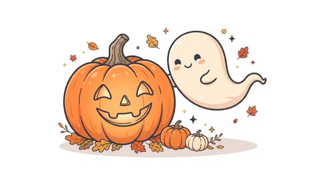 Festive halloween illustration featuring a carved pumpkin and a friendly cartoon ghost