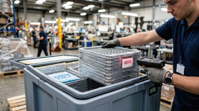 Logistics worker loading silicon chip trays into a climate controlled container with scanner and cooling pack