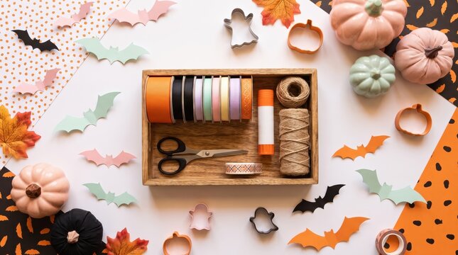 Autumn crafting supplies in a wooden box on a white background with Halloween decorations around it