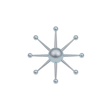 3d shiny metal atom model with connected spheres on a white background