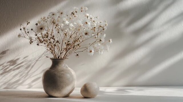 White dried flowers in ceramic vase with sunlight shadows