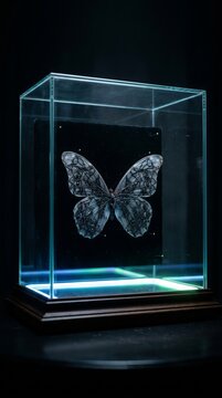 Ethereal horror  a glass case with a spectral butterfly of veins and coal in dark illumination