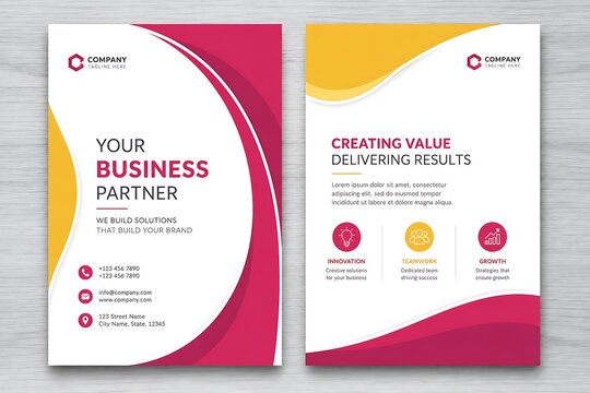Modern business brochure template, professional corporate flyer design with pink and yellow waves, annual report cover layout