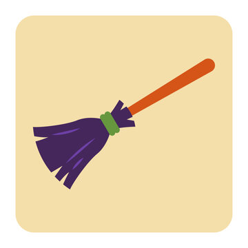 A stylized purple witch broomstick with an orange handle on a light background.