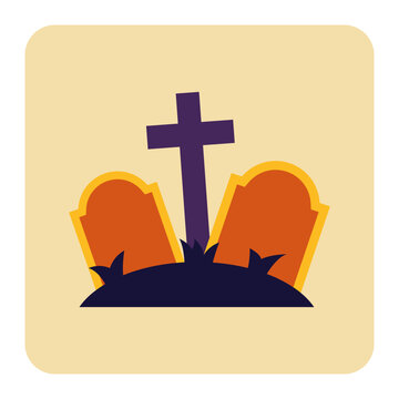 A stylized illustration of two orange tombstones and a purple cross in a graveyard.