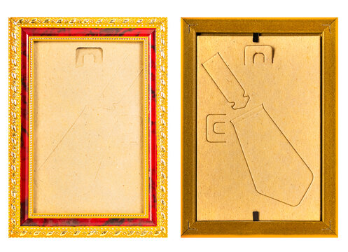 Isolated photo of gold colored plastic picture frame on white background.