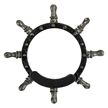 Isolated photo of dark silver colored ship steering wheel picture frame on white background.