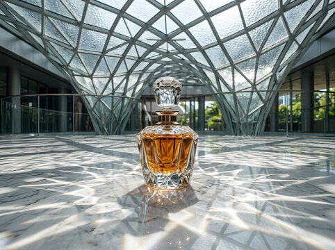 Crystal perfume flacon standing on light marble floor beneath modern glass ceiling.
