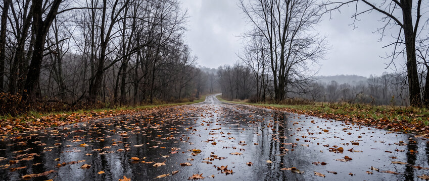 Wet road covered in fallen leaves winds through a bare autumn forest. The misty, overcast sky hangs over the quiet, rural landscape.