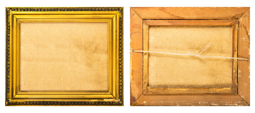 Isolated photo of golden colored antique old wooden picture frame on white background.