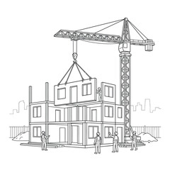 Fototapeta premium Modular Building Construction Site Line Art Illustration with Crane and Workers