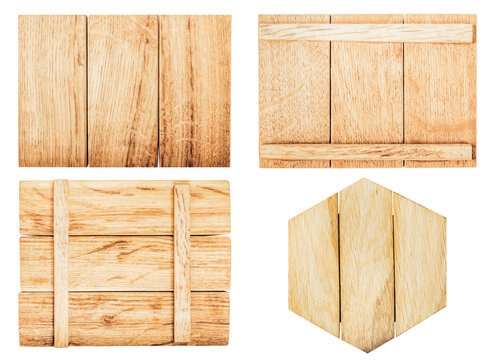 Isolated photo of various style wooden plank boards, signboards on white background.