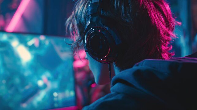pro gamer man in headphones live streaming while playing online computer game, neon lights, esports,  gaming, monitor, play, young, player, internet, enjoyment, cyber,