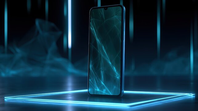 Smartphone on technology background. Neon glowing mobile phone on abstract dark background. Futuristic network connection