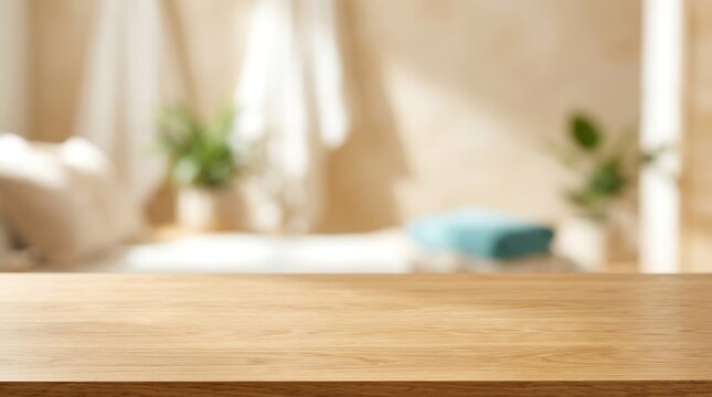 Empty Wooden Tabletop over Blurred Spa Bathroom Interior for Cosmetic Product Display Mockup and Wellness Branding