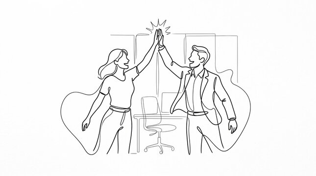Continuous line drawing of business colleagues giving high five for success, isolated on white background