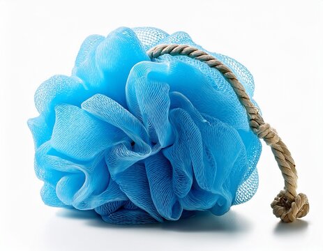 bright blue shower pouf with woven rope handle isolated on white background for body exfoliation