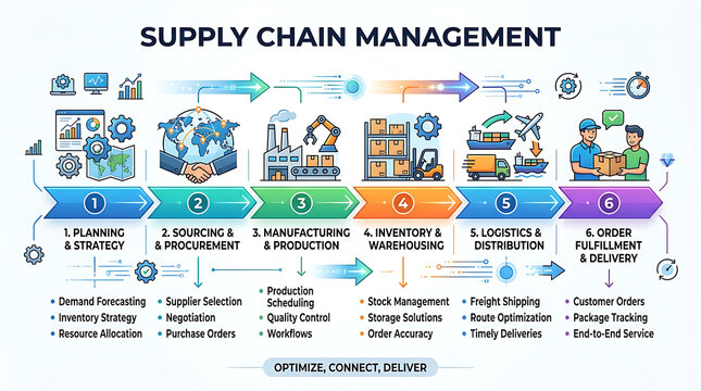Supply chain management infographic, logistics process flow with 6 steps, manufacturing and distribution diagram for business presentations