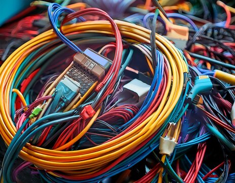 tangled pile of colorful electrical wires and power cables with plugs and connectors representing a messy network connection or electronic waste