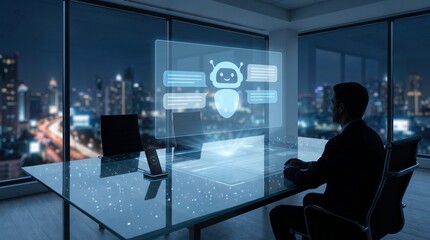 Obraz premium Wide establishing view of modern office with AI conversational chatbot holographically projected