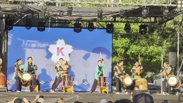 Japanese Taiko Drummers Performing at Culture Day in Cordoba