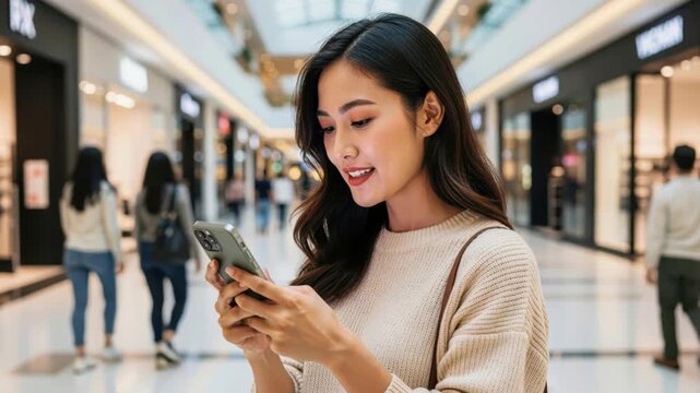 Young Woman in Shopping Mall Using Phone: A young Asian woman with a bright smile is engrossed in her smartphone while navigating a bustling shopping mall, surrounded by storefronts and shoppers.