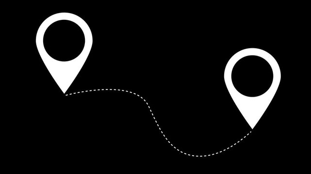  location pin icon animations connected by dotted path on  screen. 4K animated for business video
