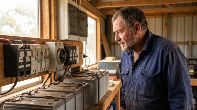 Older man inspecting a battery bank, fuse holder, and dc disconnect switch inside a community energy shed