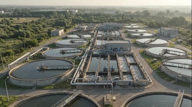 Aerial Drone View of Modern Wastewater Treatment Plant with Clarifier Tanks and Aeration Basins