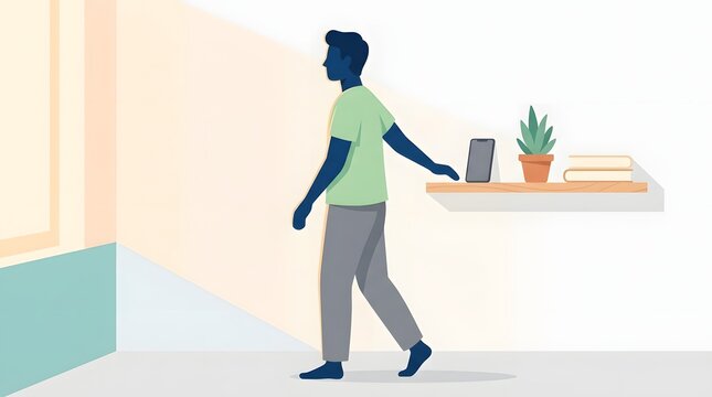 Man Walking Past Shelf: A modern illustration depicts a man walking past a minimalist shelf displaying a tablet, smartphone, potted plant, and books, bathed in soft, natural light.