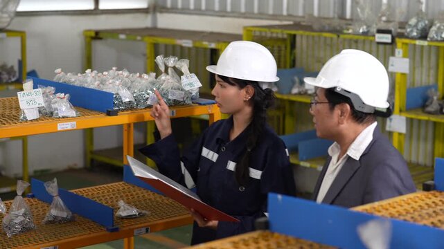 Manufacturing worker and supervisor, female woman and male industrial staff conducting workplace inspection of packaged components factory warehouse with hard hats, uniforms, shelving, storage bins