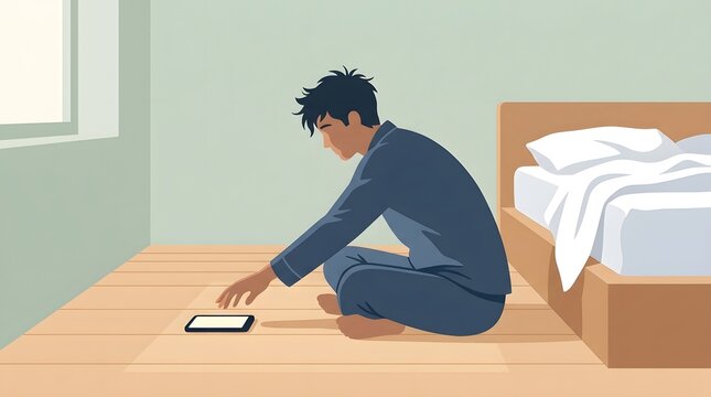 Early Morning Connection: A young man in pajamas reaches for his phone on the wooden floor, signifying the start of a new day or the lingering end of a night.