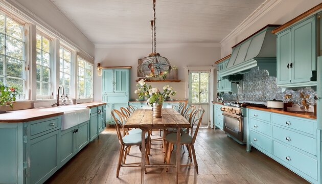 a large kitchen in an old swedish house with light blue wooden cabinets a dining table and chairs a green stove hood hanging from the ceiling a vintage chandelier