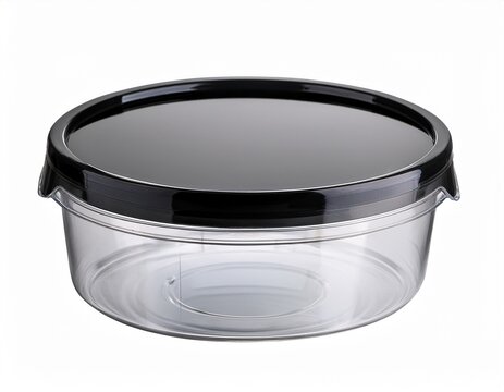 clear plastic container with black caps and lid designed for storage of small snacks or candies compact and portable for kitchen or travel use