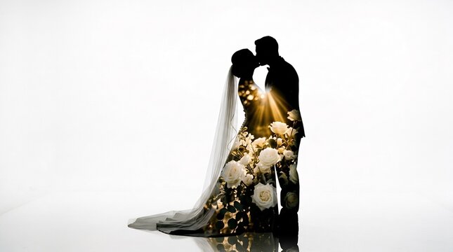 Double exposure silhouette of bride and groom kissing with white roses and glowing sunlight, symbolizing romantic love and elegant wedding celebration.