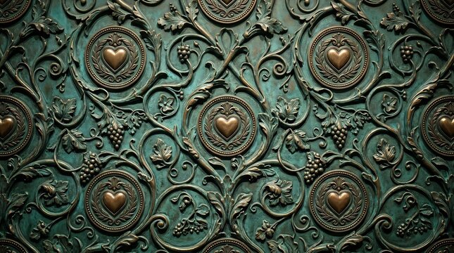 Antique bronze heart relief pattern with ornate vine scrollwork on green patina metal, vintage romantic background for wedding and love concepts.