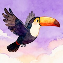 Fototapeta premium Cartoon Toucan Flying Against Soft Pastel Sky