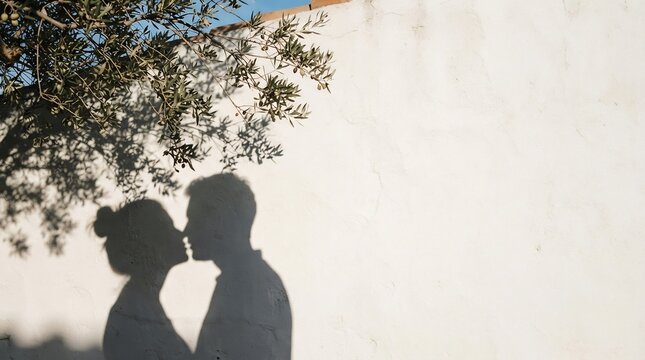 Romantic shadow silhouette of couple kissing on white wall under olive tree, Mediterranean summer love, engagement and wedding concept.