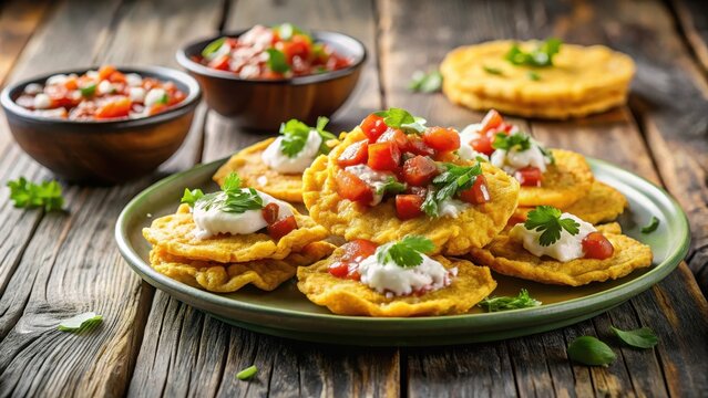 Crunchy tostones on a plate, topped with melted cheese and salsa , cheese, tostones,  cheese, tostones
