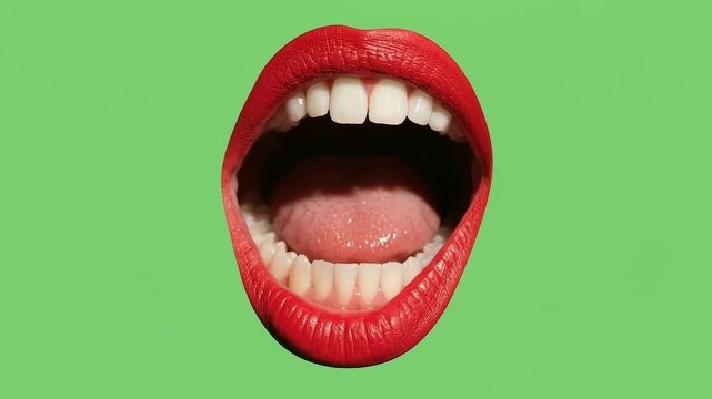Close-Up Female Open Mouth Retracting Tongue Inside Showing Teeth Green Screen.