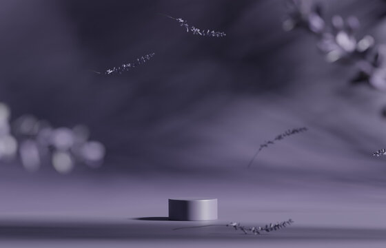 3D background, violet podium display with sun shadow. Heather flower falling. Cosmetic or beauty product promotion lilac step floral pedestal. Abstract minimal advertise. 3D render copy space mockup	
