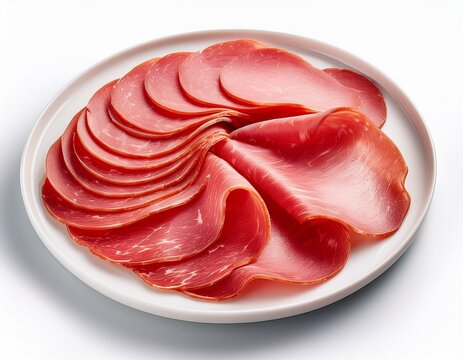 thinly sliced raw cured meat arranged on a clean white ceramic plate isolated