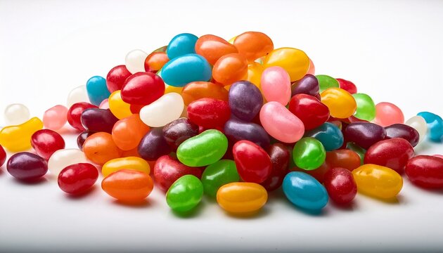 assorted colorful jelly beans lollies and candies scattered against a white background