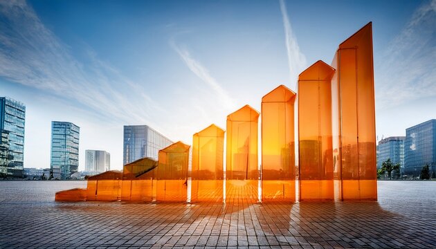 orange glass upward trending graph on a paved urban plaza buildings background