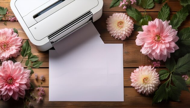 top view of a compact white printer on a rustic wooden table with blank paper emerging surrounded by pink flowers and green foliage creating a cozy creative workspace