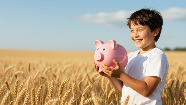 Happy young boy holding a pink piggy bank in a golden wheat field under a blue sky with white clouds, representing savings, childhood, and financial security